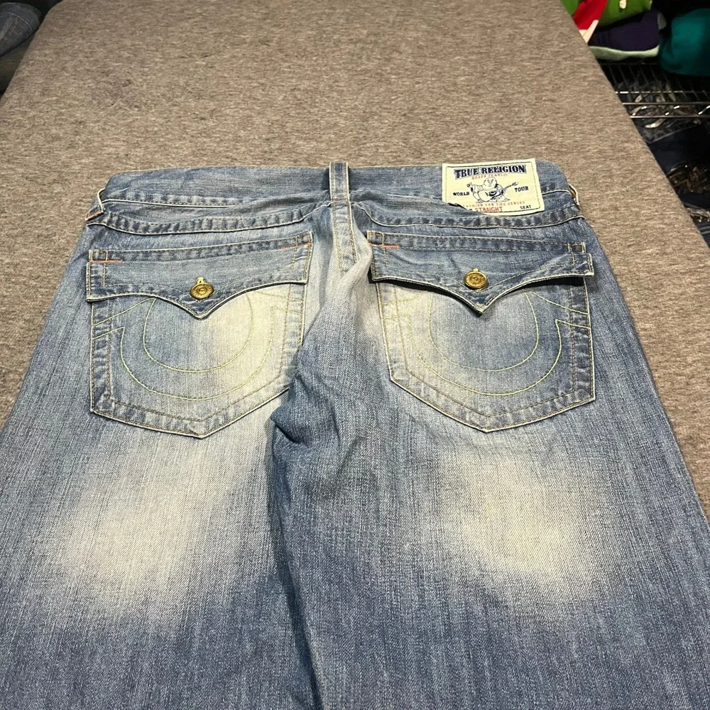 True Religion Mens Baggy Distressed Straight Jeans Blue 34x34 Y2K Streetwear